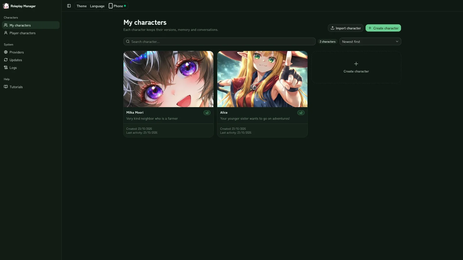 Character library with two characters and version badges
