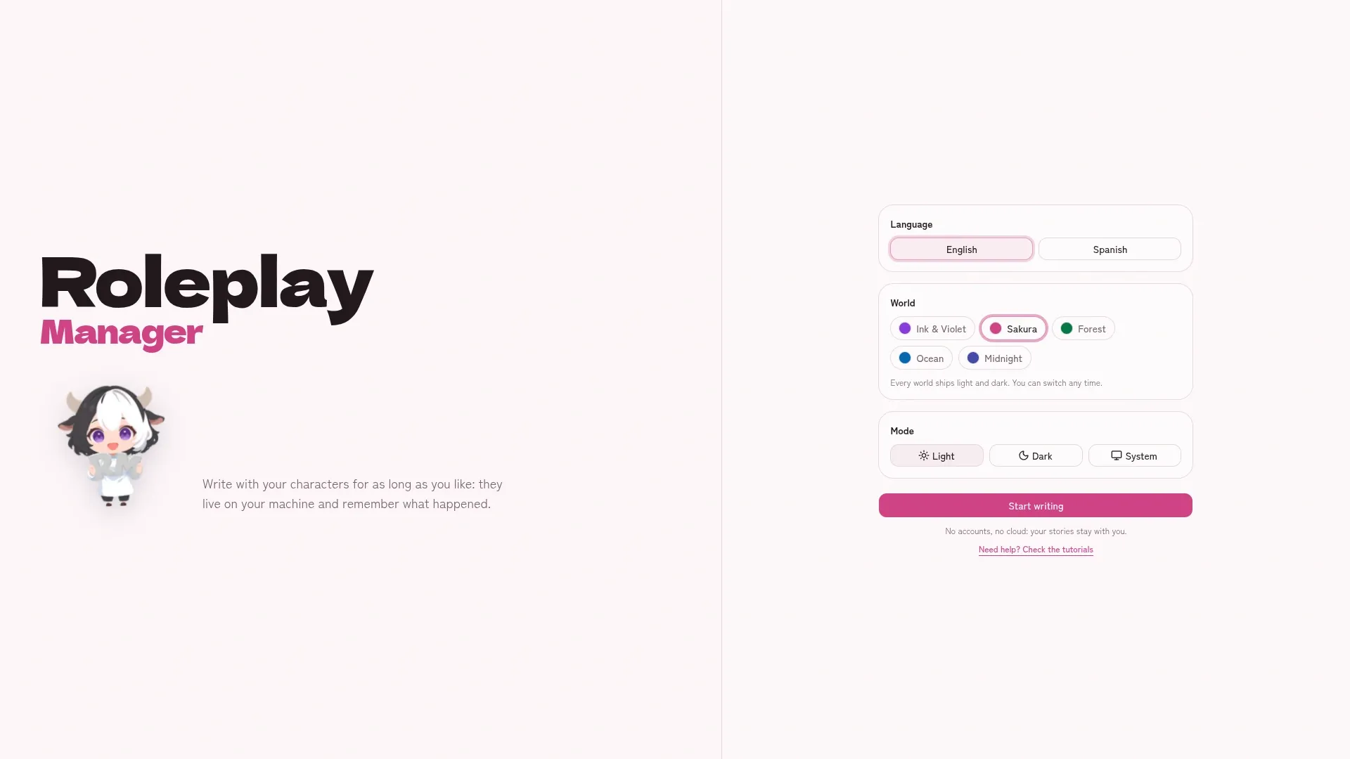 Roleplay Manager welcome screen with the Sakura theme